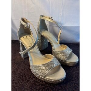 Jessica Simpson Gold Rhinestone Platform Block Heel Sandals Womens 7M